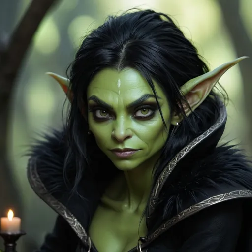 Prompt: Green Skinned Goblin, Monster, Goblin, Green Skin, Female, Hook shaped nose, hunched backs, thin and spindly limbs, sharp fingernails, fur clothing, black hair, thin hair, Female Goblin, Fantasy aesthetic, wild woman