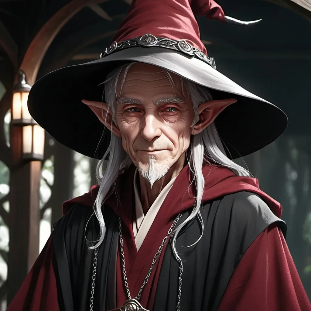 Prompt: Fantasy Anime elf, Old man, elf, wrinkled skin, black veil covering his face, wide-brimmed hat casting shade on his face, big hat, fantasy aesthetic, anime aesthetic, black cloak, silver trinkets hanging from inside his robe, dark red robe, Elf, Pointy Ears, high quality, high definition