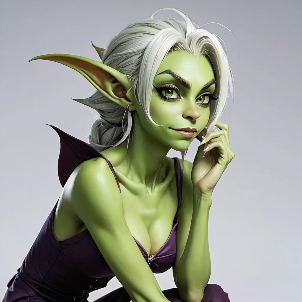 Prompt: Green Skinned Goblin, Monster, Goblin, Green Skin, Female, Hook shaped nose, hunched backs, thin and spindly limbs, sharp fingernails, thin hair, Female Goblin, Anime aesthetic