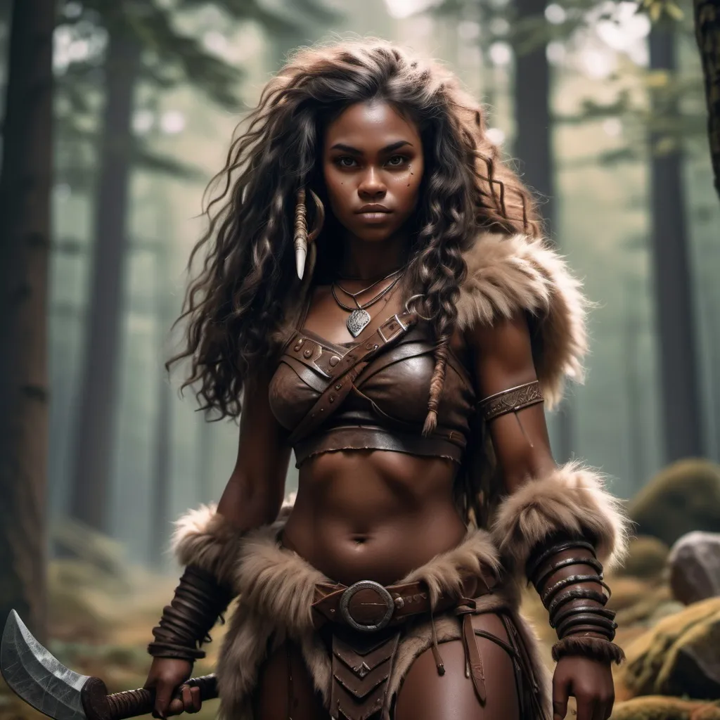 Prompt: Dark Skinned Warrior Woman, Black Girl, Girl, Long Curly Brown Hair, Barbarian, Berserker, Barbarian Woman, Soft smile, Fur Clothes, Pelt, Forest Background, D&D Aesthetic, Fantasy Aesthetic, high quality, 4k, 8k, high definition, dynamic lighting