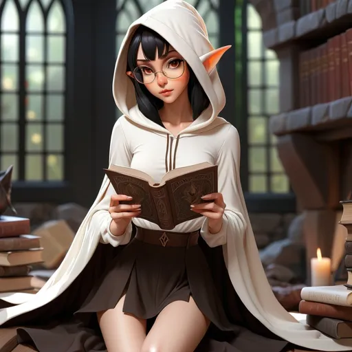 Prompt: Hot Girl, Black Hair, Brown Eyes, Slim body, Black Hood, white blouse, fantasy aesthetic, thin legs, petite chest, black cloak, D&D Aesthetic, Fantasy, long sleeves, reading glasses, pointy ears, elf ears