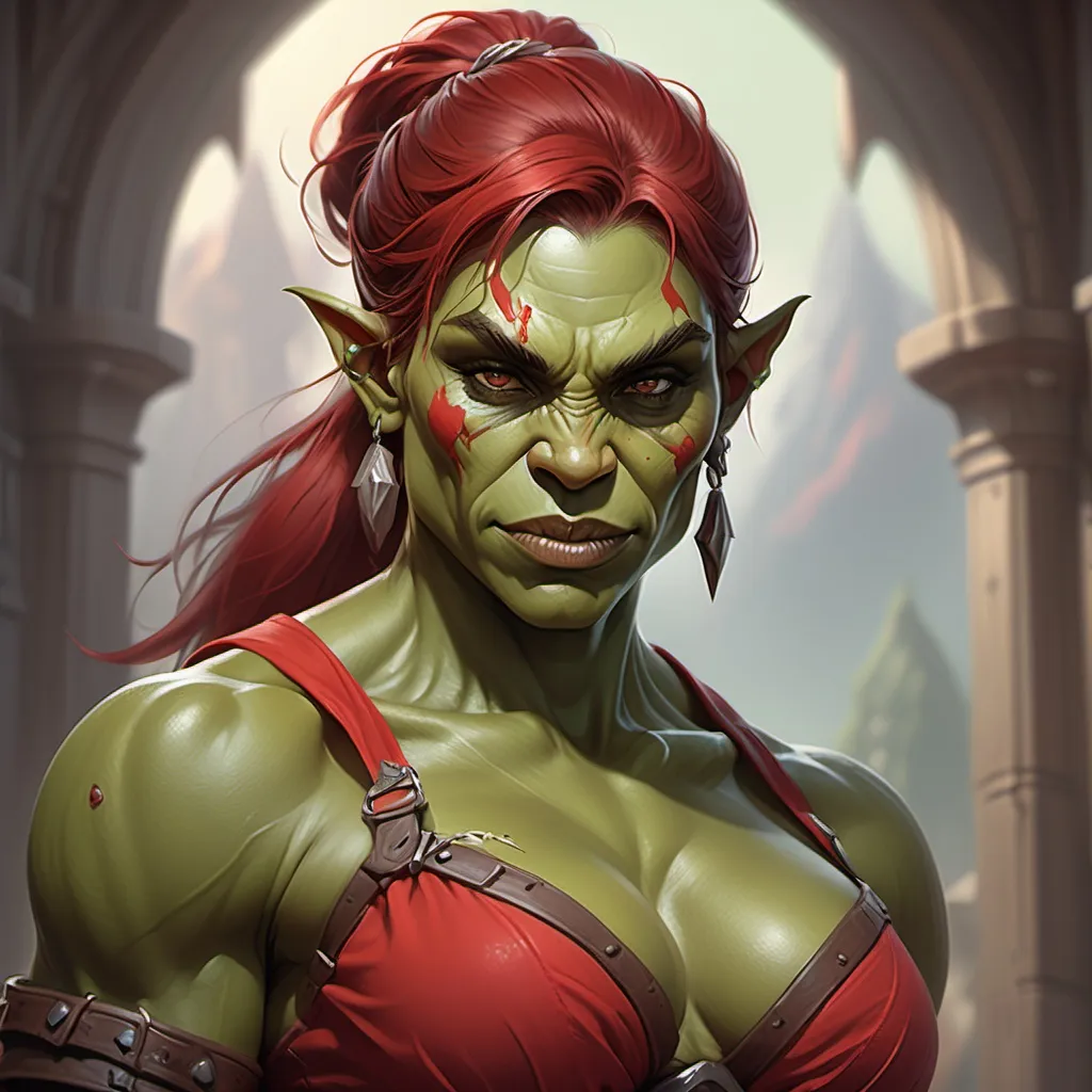 Prompt: Muscular Female Orc, Orc Lady, Muscular Woman, Red Dress, Green Skinned Orc, Fit Body, Soft Smile, Muscular Orc Woman, Fantasy aesthetic, high quality, 4k, 8k, high definition, dynamic lighting, 8k resolution concept art portrait by Greg Rutkowski, Artgerm, WLOP, Alphonse Mucha dynamic lighting hyperdetailed intricately detailed Splash art trending on Artstation triadic colors Unreal Engine 5 volumetric lighting