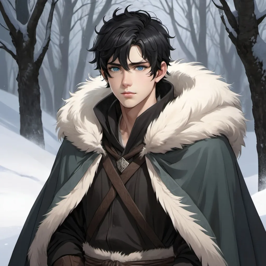 Prompt: Young Adult, grey-Blue eyes and black hair, Short black hair, black stubble, white skin, young man, wearing fur cloak, druid cloak, fantasy aesthetic, high definition, high quality, no background, fantasy anime