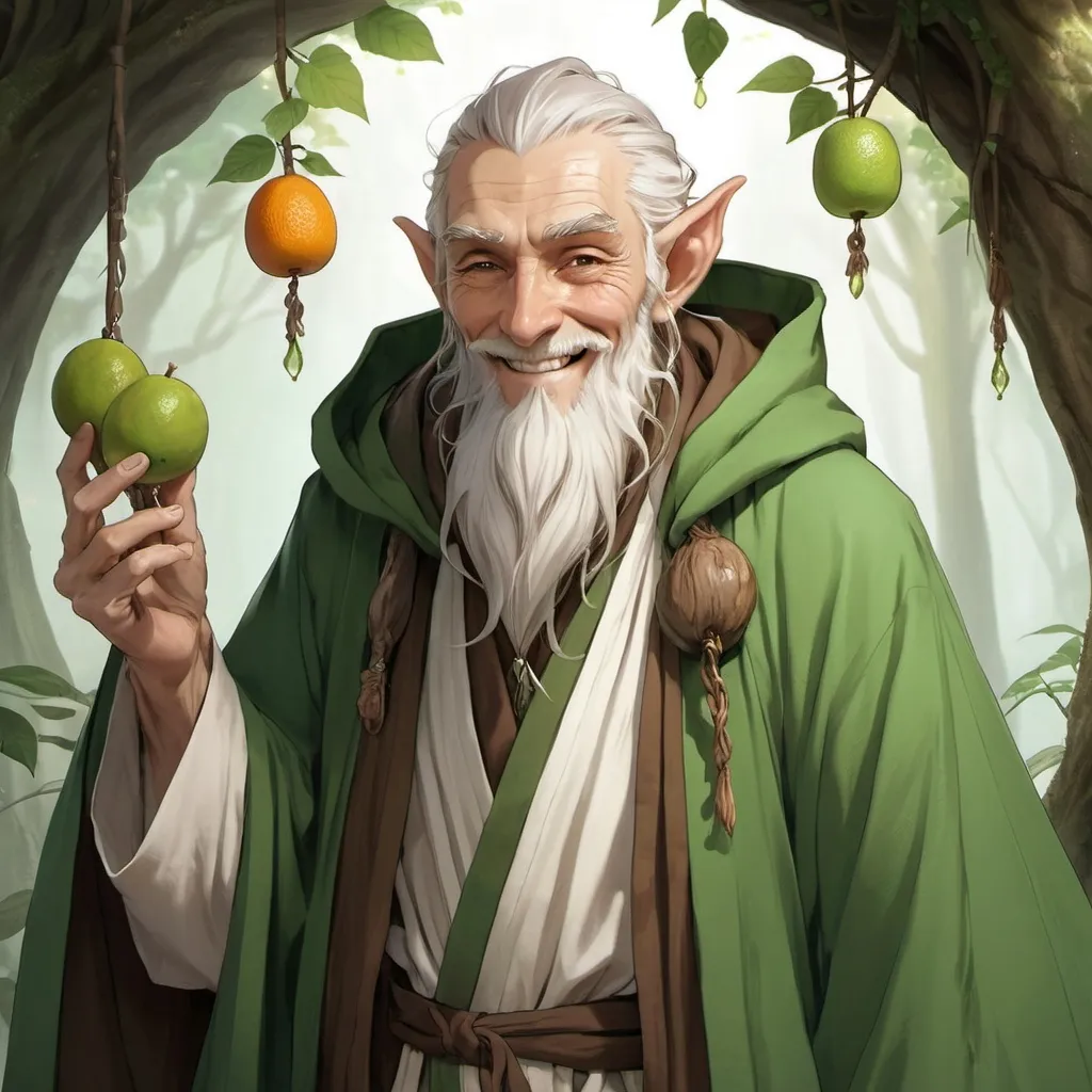 Prompt: Fantasy Anime Druid, Old man, elf, long white beard, kind smile, wrinkled skin, fantasy aesthetic, anime aesthetic, green cloak, fruits and vials hanging from inside his robe, brown robe, Druid, Elf, Pointy Ears, high quality, high definition