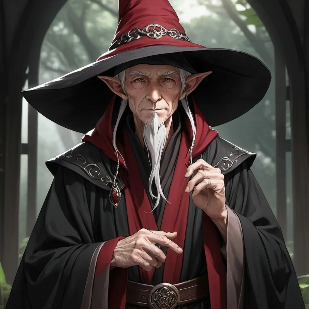 Prompt: Fantasy Anime elf, Old man, elf, wrinkled skin, black veil covering his face, wide-brimmed hat casting shade on his face, big hat, fantasy aesthetic, anime aesthetic, black cloak, silver trinkets hanging from inside his robe, dark red robe, Elf, Pointy Ears, high quality, high definition