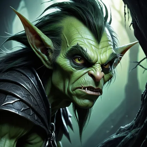 Prompt: Green Skinned Goblin, Monster, Goblin, Green Skin, Hook shaped nose, hunched backs, thin and spindly limbs, sharp fingernails, thin hair