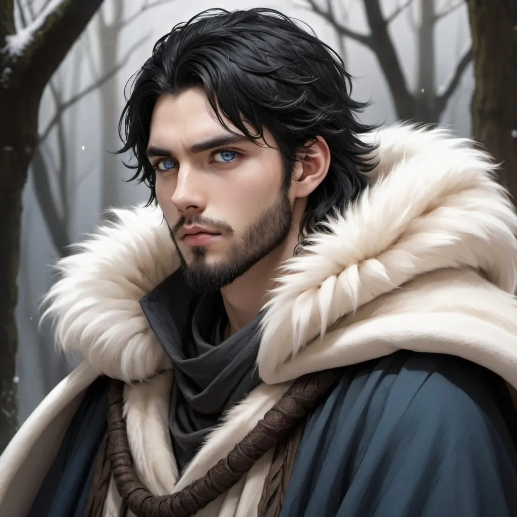 Prompt: Young Adult, grey-Blue eyes and black hair, Short black hair, short black beard, white skin, young man, wearing fur cloak, druid cloak, fantasy aesthetic, high definition, high quality, no background, fantasy anime