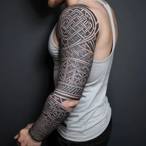 Prompt: Nordic knot style tattoo sleeve for men, black ink, intricate and detailed patterns, high contrast, realistic, bold lines, Viking warrior theme, intense shading, forearm placement, professional quality, realistic, dark and moody, detailed shading, traditional tattoo style, masculine, strong and fierce