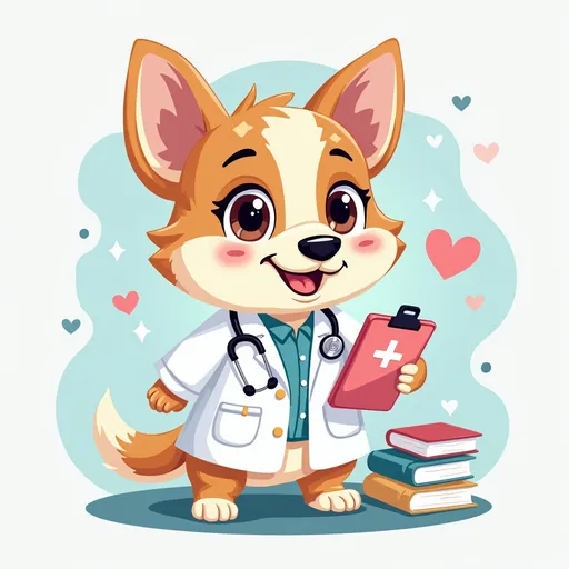 Prompt: A cute, friendly dog mascot (golden retriever or corgi) wearing a white lab coat, holding a stethoscope and a medical clipboard. Soft cartoon style, big expressive eyes, dusty blue and rose pink color scheme. Medical books or heart icon in the background. Light, professional, and welcoming