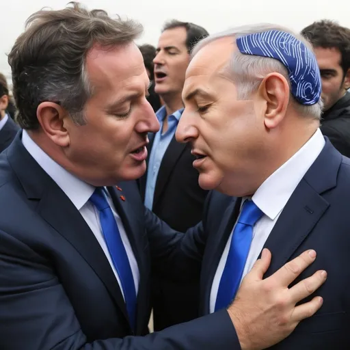 Prompt: Piers Morgan and Netanyahu in French kiss