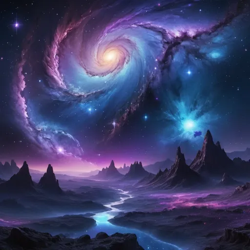 Prompt: (rare artwork) لوحه عن الفضاء, breathtaking cosmic scenery, expansive galaxies shimmering, vibrant colors of deep blues and purples, sparkling stars against dark abyss, ethereal nebulae swirling, mysteries of the universe, otherworldly ambiance, ultra-detailed, high-definition, immersive and captivating, a masterpiece that inspires wonder and awe.