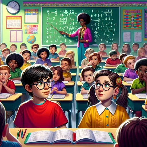 Prompt: Illustration of a bright, colorful classroom with rows of desks. Tony (a boy with short black hair, wearing a red t-shirt and blue jeans) sits next to Amy (a girl with long brown hair in pigtails, wearing a yellow dress). They are looking at a chalkboard where a challenging math problem is written. Other children are visible in the background, looking puzzled. The teacher (a kind-looking woman with glasses) stands near the chalkboard, pointing to the problem.