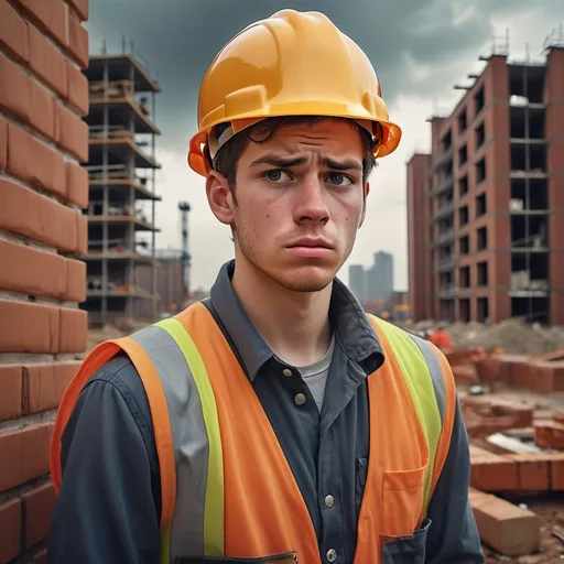 Prompt: Detailed portrait of a 26-year-old young man in construction attire, showing tiredness and exhaustion on his face. His body language reflects frustration, leaning against a brick wall. The background showcases a construction site with tools, hard hats, and unfinished structures, under a gloomy sky. The overall atmosphere captures the burden of hard work, emphasizing muted colors and realistic textures. Ultra-detailed, photorealistic rendering.