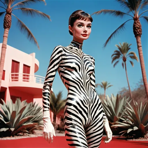 Prompt: a woman with zebra print skin on full body, Audrey hepburn, red in the background, palm trees in background, science fiction style