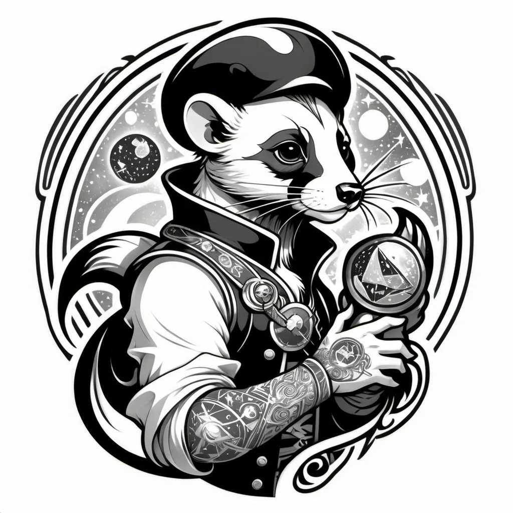 Prompt: Black and white Tattoo idea of a space pirate who is a ferret/ermine. He carries a rubber duck. The tattoo should be neotrad style with almost no color. The explorer should be on a planet with crystals and geometric shapes and patterns around him. It should be 80's sci-fi inspired and cartoon-like.