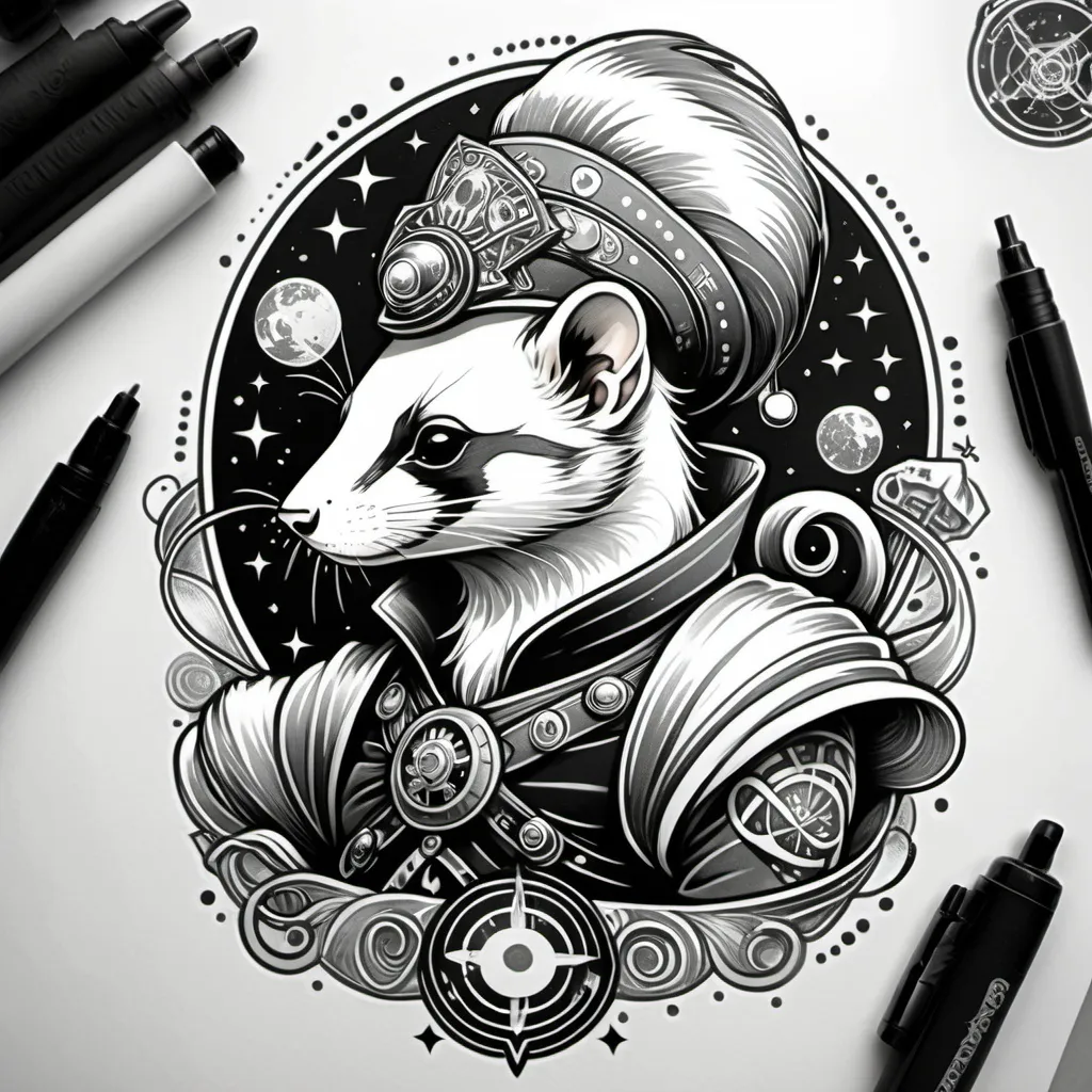 Prompt: Black and white Tattoo idea of a space pirate who is a ferret/ermine. He carries a rubber duck. The tattoo should be neotrad style with almost no color. The explorer should be on a planet with crystals and geometric shapes and patterns around him. It should be 80's sci-fi inspired and cartoon-like.