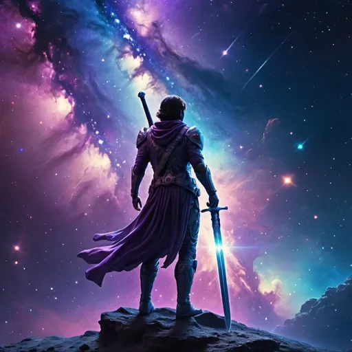 Prompt: a person standing in space and in hands holding a sword
