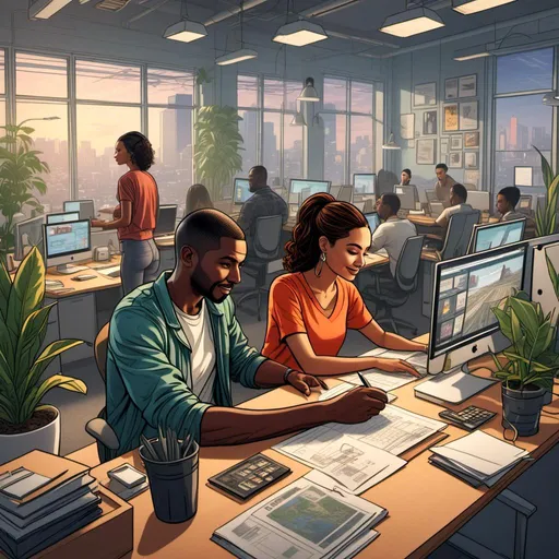Prompt: <mymodel>create a hyper detailed illustration in the GTA box art style, illustration, UHD, HDR, 128K, two people working in an office in urban casual clothing working at a desk, talking together in a collaborative manner with a positive mood, ultra detailed, sharp focus, atmospheric perspective, illustration, in the style of GTA art, one man and one woman working together, the two people are wearing buttoned shirts, sleeves rolled up, signifying their willingness to work collaboratively together and get the work done. The surroundings showcases an office environment that is relaxing and welcoming, a plant or two in the background with comfortable spaces to discuss topics together, the windows provides a view of a city, dense buildings, capturing the essence of the a vibrant city in its raw beauty. Their expressions are one of quiet confidence and happiness, a reflection of the peaceful atmosphere found in the heart of great office environment. Executed with an exceptional level of detail, the illustration captures the intricacies of their hair, the texture of their clothing, and the nuanced play of light and shadow across the scene