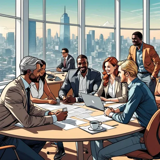 Prompt: <mymodel>Create a highly detailed, high quality, high resolution illustration of group of people sitting around a round table in an office room with windows and a city view on the wall. The atmosphere is casual and cooperative, like a high-tech start-up company. The office environment is meant to inspire creativity and it's people centric. The majority of people are white, but there is some ethnic diversity. 

Create the illustration in the style of a modern, digital comic-style illustration with a focus on realism, character expression, and a vibrant color palette.

Use a digital art style that is a modern, graphic novel or comic book aesthetic. The style is highly detailed and uses bold colors, with a sense of realism in the way characters are portrayed, though with certain exaggerated features typical of illustration, such as more pronounced facial expressions and sometimes stylized proportions.

The style includes line work that is clean and precise, suggesting the use of digital tools, and the style includes consistent use of high quality light and shadow which gives depth and a three-dimensional feel to the scenes and characters. The color palette is vibrant and well-chosen, often with a complementary color scheme that enhances the visual impact.

Each image seems to focus on the characters, with backgrounds that support the setting without overpowering the main subjects. The backgrounds are detailed enough to set the scene but are often more subdued in terms of color saturation and contrast, ensuring the characters stand out.

Textures in clothing and environments are well-rendered, high quality, and high resolution, contributing to the realism of the pieces. This style contains visual mediums where character expression and clear, vivid scenes are important.