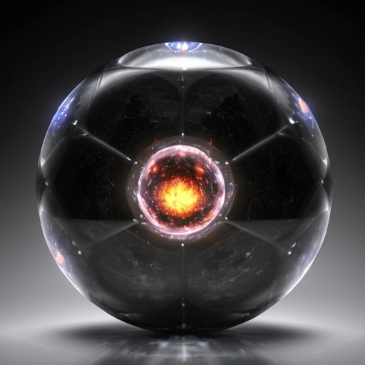 Prompt:  hollow Gemstone, carbon, nitrogen, phosphorus, steel, aluminum, tin, mercury alloys with monocrystalline silicon sphere outline like a cauldron
 planet, around seven stars within and gluon plasma outside

