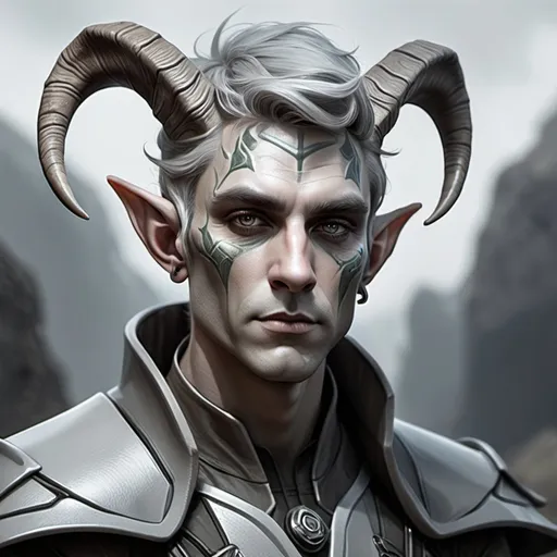 Prompt: Sci-fi Male elf with horns and Grey skin