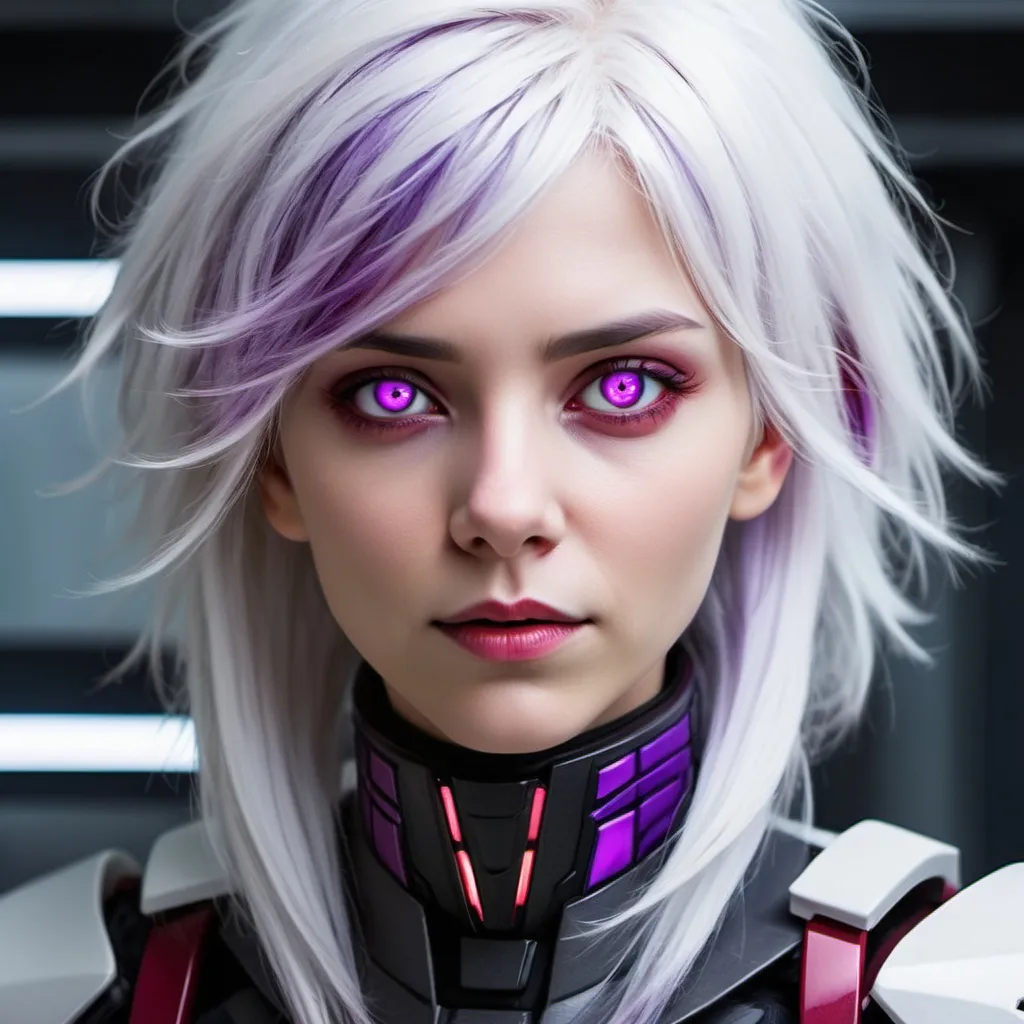 Prompt: Sci-fi female with white hair with purple highlights and crimson eyes 