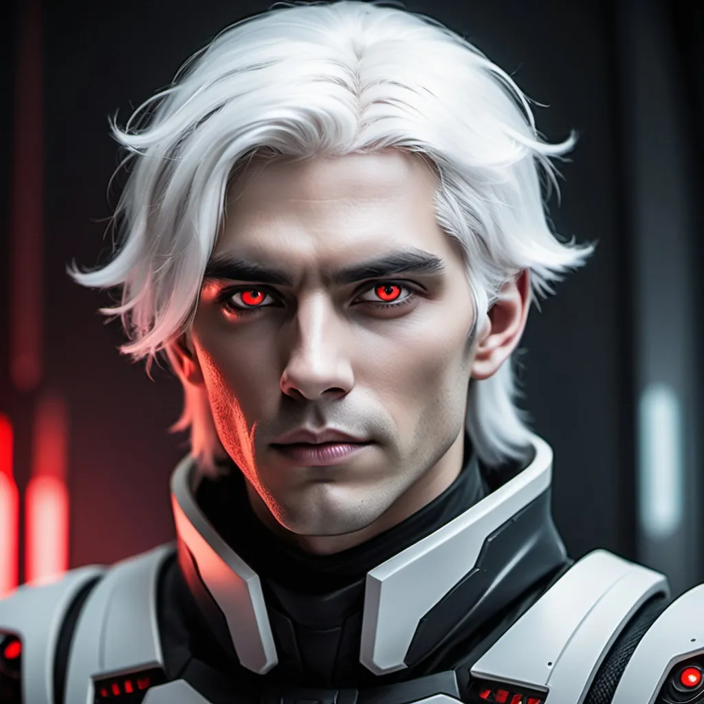 Prompt: Sci-fi male with white hair with black highlights and crimson eyes 
