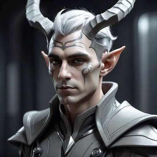 Prompt: Sci-fi Male elf with horns and Grey skin