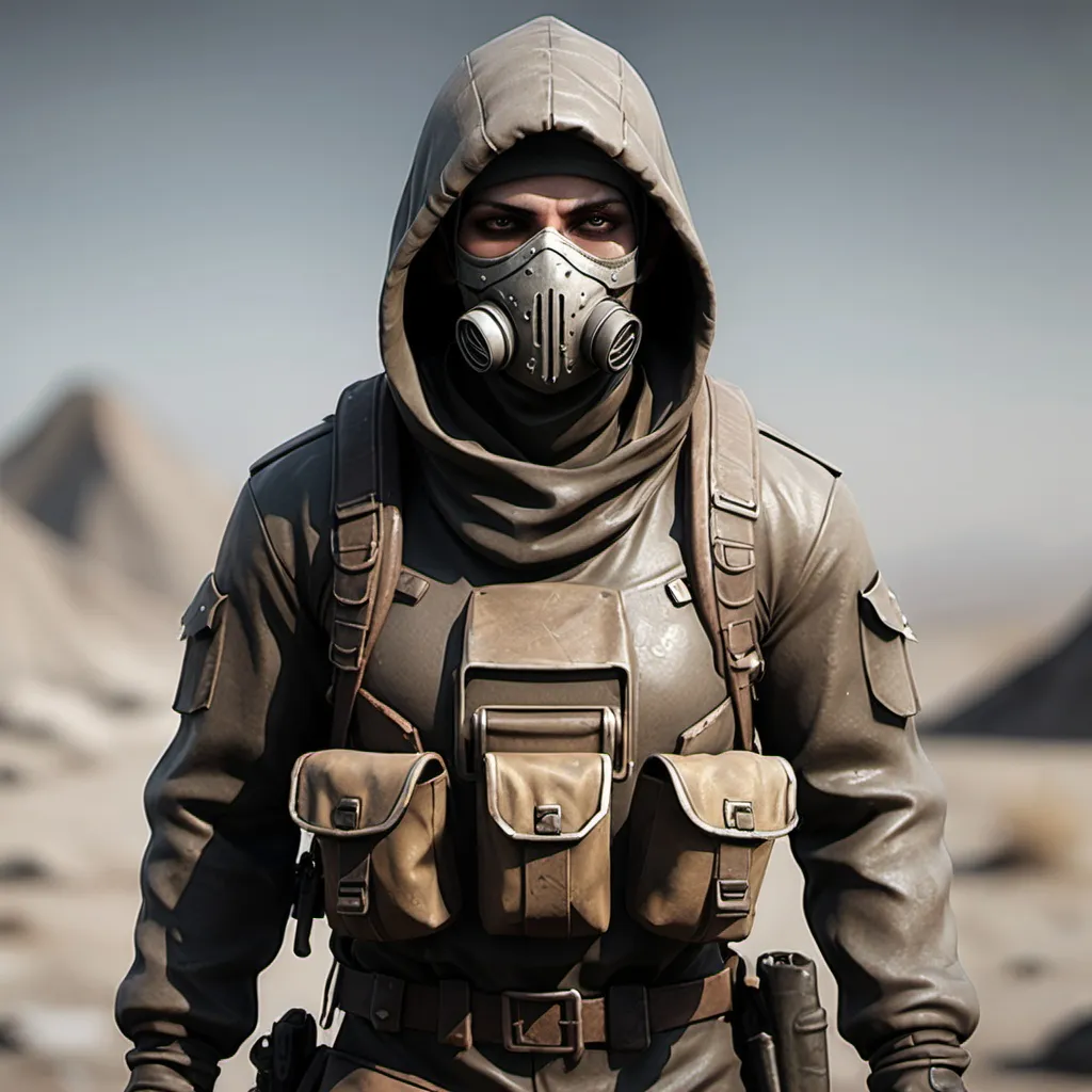 Prompt: Wasteland generic soldier with face mask and hood