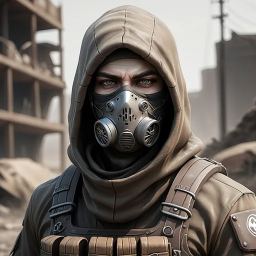 Prompt: Wasteland generic soldier with face mask and hood