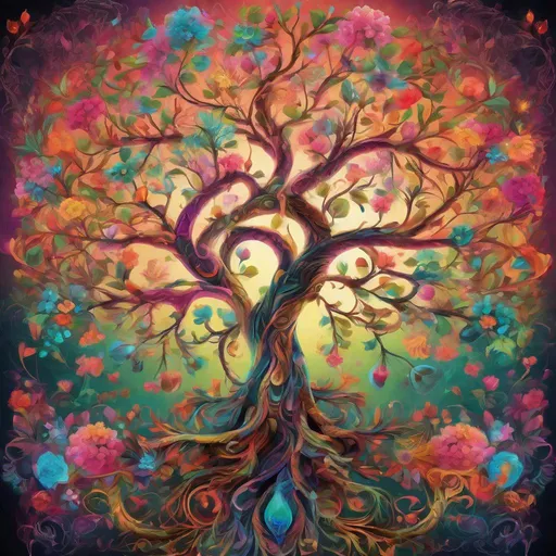 Prompt: Vibrant digital illustration of a blossoming tree of life, sensual and organic forms, vivid and lively colors, intricate details, high-quality, digital art, vibrant and sensual, tree of life, organic forms, vibrant colors, intricate details, lifelike textures, sensual, high-quality, digital illustration