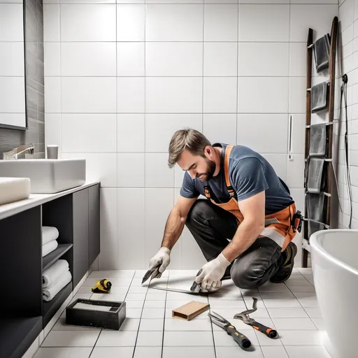 Prompt: Professional tile installer installing white tiles in a modern bathroom with tools next to him.