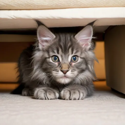 Prompt: A cute grey maine coon kitten hiding under a bed.