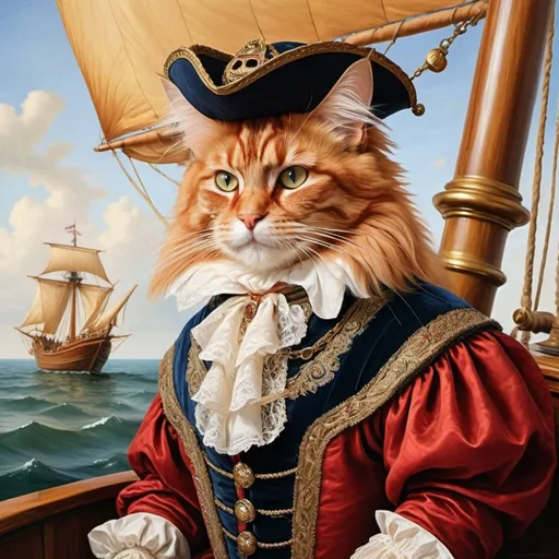 Prompt: Baroque-style painting of a majestic red Maine Coon cat in opulent medieval attire, donning a regal hat, standing on a 15th-century sailboat, holding a spyglass, gazing out to the vast sea, rich oil painting, ornate details, intricate texture, high realism, opulent, baroque, majestic cat, medieval attire, 15th-century sailboat, spyglass, regal hat, majestic gaze, rich colors, detailed fur, opulent clothing, exquisite boat details, baroque lighting