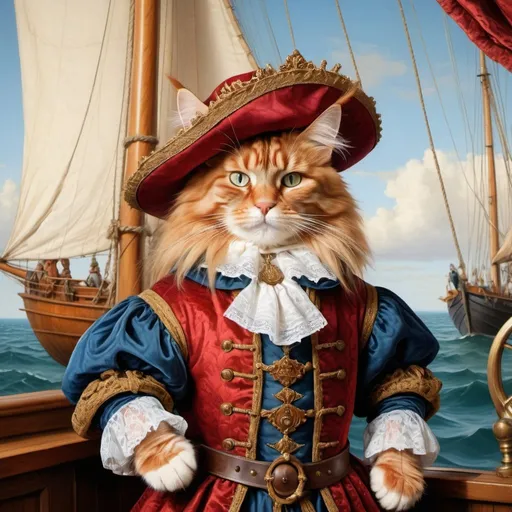 Prompt: Baroque-style painting of a majestic red Maine Coon cat in opulent medieval attire, donning a regal hat, standing on a 15th-century sailboat, holding a spyglass, gazing out to the vast sea, rich oil painting, ornate details, intricate texture, high realism, opulent, baroque, majestic cat, medieval attire, 15th-century sailboat, spyglass, regal hat, majestic gaze, rich colors, detailed fur, opulent clothing, exquisite boat details, baroque lighting