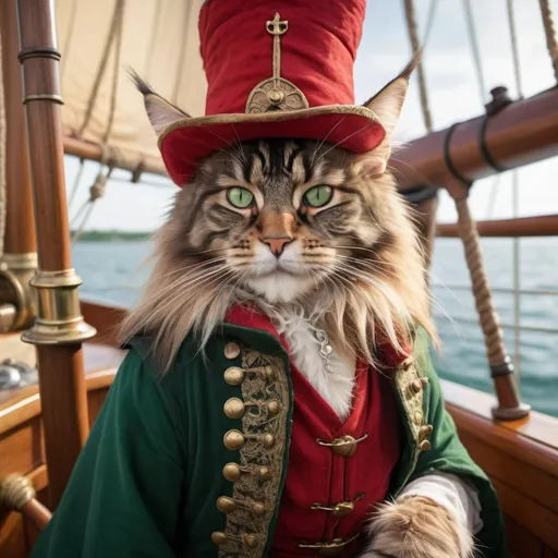 Prompt: Maine Coon cat in medieval suit and hat, holding spyglass on 15th-century sailboat, red fur, green eyes, game-strategy game style, detailed fur and clothing, high quality, medieval, sailboat, detailed eyes, professional, atmospheric lighting