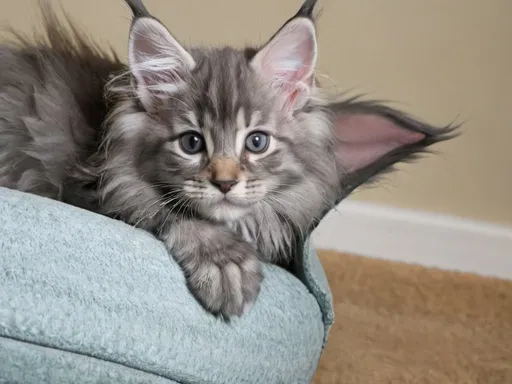 Prompt: A grey maine coon kitten