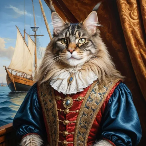 Prompt: Renaissance-style oil painting of a majestic Maine Coon cat, dressed in luxurious medieval attire, standing on a grand 15th century sailboat, detailed fur with rich textures, exquisite portrayal of regal expression, opulent and ornate suit, intricate maritime setting with historical accuracy, masterful brushwork, vibrant color palette with deep tones, dramatic lighting capturing the essence of the era, high quality, oil painting, renaissance, detailed fur, medieval attire, historical accuracy, majestic expression, ornate setting, rich color palette, dramatic lighting