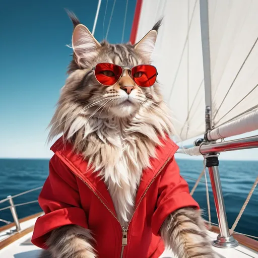 Prompt: Maine Coon cat in cool red clothes and sunglasses, sailing on a 40-feet sailboat, white sails, vibrant and energetic ad-style, high-quality, detailed fur and fabric, professional illustration, cool tones, bright and vibrant lighting, stylish and sleek design, energetic atmosphere, cool and stylish, professional ad-style illustration with sea beauty around 