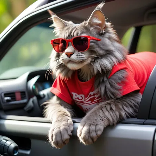 Prompt: A georgious grey mainecoon cat dressed in red tshirt  and in sunglasses driving black toyota land cruiser prado 