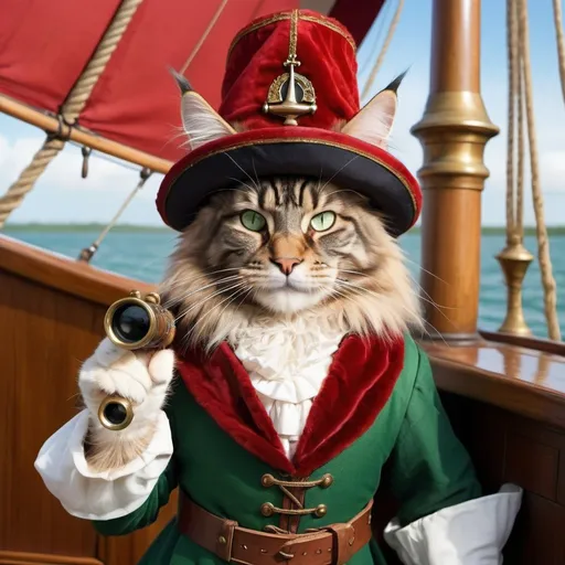Prompt: Maine Coon cat in medieval suit and hat, holding spyglass on 15th-century sailboat, red fur, green eyes, game-strategy game style, detailed fur and clothing, high quality, medieval, sailboat, detailed eyes, professional, atmospheric lighting