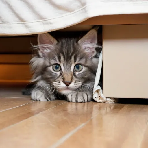 Prompt: A cute grey maine coon kitten hiding under a bed.