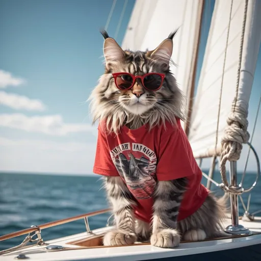 Prompt: Maine Coon cat in cool red  t -shirt and shorts  and  black sunglasses, sailing on a 40-feet sailboat, steering boat wheel, white sails, vibrant and energetic ad-style, high-quality, detailed fur and fabric, professional illustration, cool tones, bright and vibrant lighting, stylish and sleek design, energetic atmosphere, cool and stylish, professional ad-style illustration with sea beauty around 