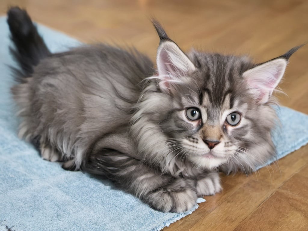 Prompt: A grey maine coon kitten