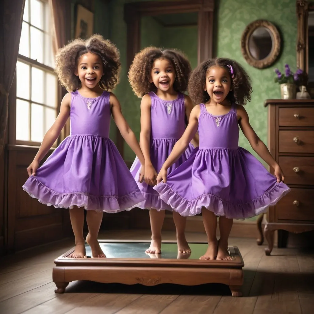 Prompt:  two Beautiful african american girls, curly brown hair, 6 years old twins, magic mirror, dusty attic, playing leap frog, wearing purple dresses.