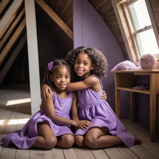 Prompt: The two African American 7 year old  girls in the Attic wearing purple dresses hugged as they said goodbye, and bid each other farewell. 
