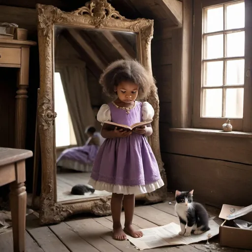 Prompt: A  5 year old african American girl and her black and white colored kitten reading a book in the dusty old attic filled with full of old boxes and furniture, in one corner of the attic where dust and fabric were scattered e she saw a large mirror about five feet tall covered with a soft but dusty cloth. She was curious about what was behind it. 
The mirror was unlike any mirror she had ever seen. It was round and golden, with beautiful carvings and jewels. Much like the mirror in a fairy tale. But what was even more amazing was what she saw in the mirror.

She saw herself, but not exactly. She saw a girl who looked like her, but with some differences. She had the same n hair and brown eyes, but her hair was longer and wavier, and her eyes were brighter and more expressive. She wore a purple dress and a silver necklace, and she had a wide and bright smile on her face.
Staring into the full length Mirror, Lila saw herself a reflection with only slight differences she was excited.


