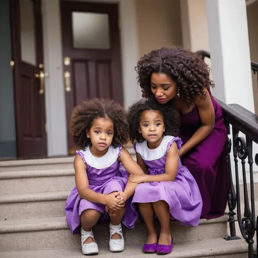 Prompt: The two beautiful African American 5 year old girls with big curly hair, wearing purple dresses said goodbye on the stairs. the girls mother calling from the foot of the stairs

