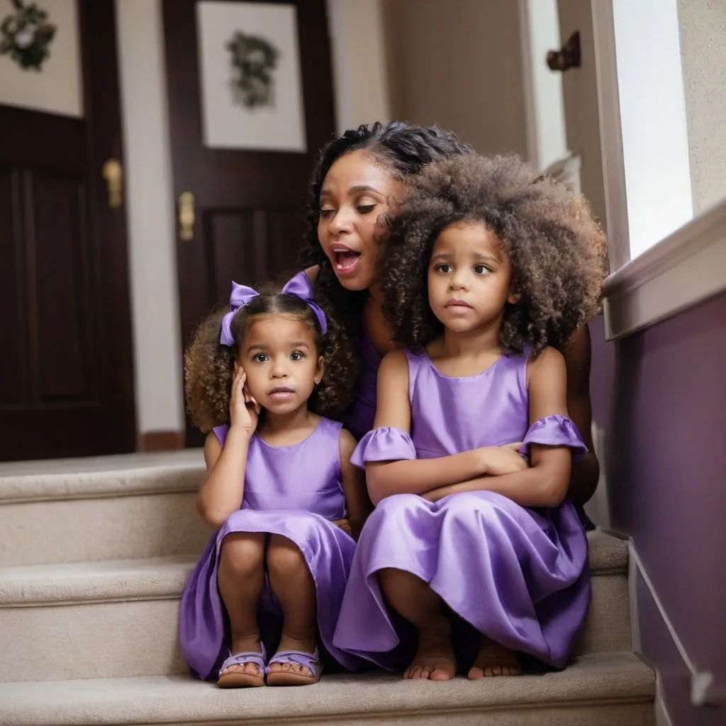 Prompt: The two beautiful African American 5 year old girls with big curly hair, wearing purple dresses said goodbye on the stairs. the girls mother calling from the foot of the stairs
