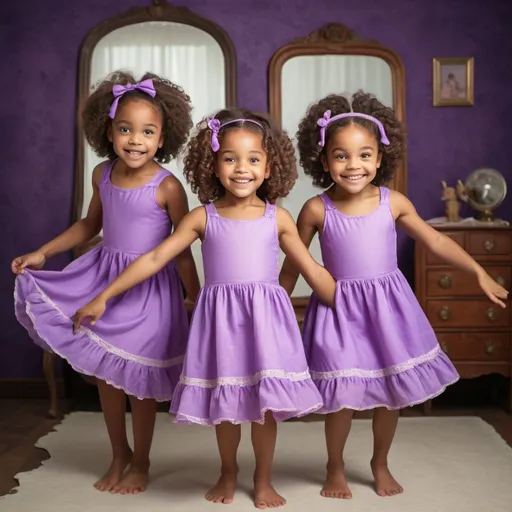 Prompt:  two Beautiful african american girls, curly brown hair, 6 years old twins, magic mirror, dusty attic, playing leap frog, wearing purple dresses.